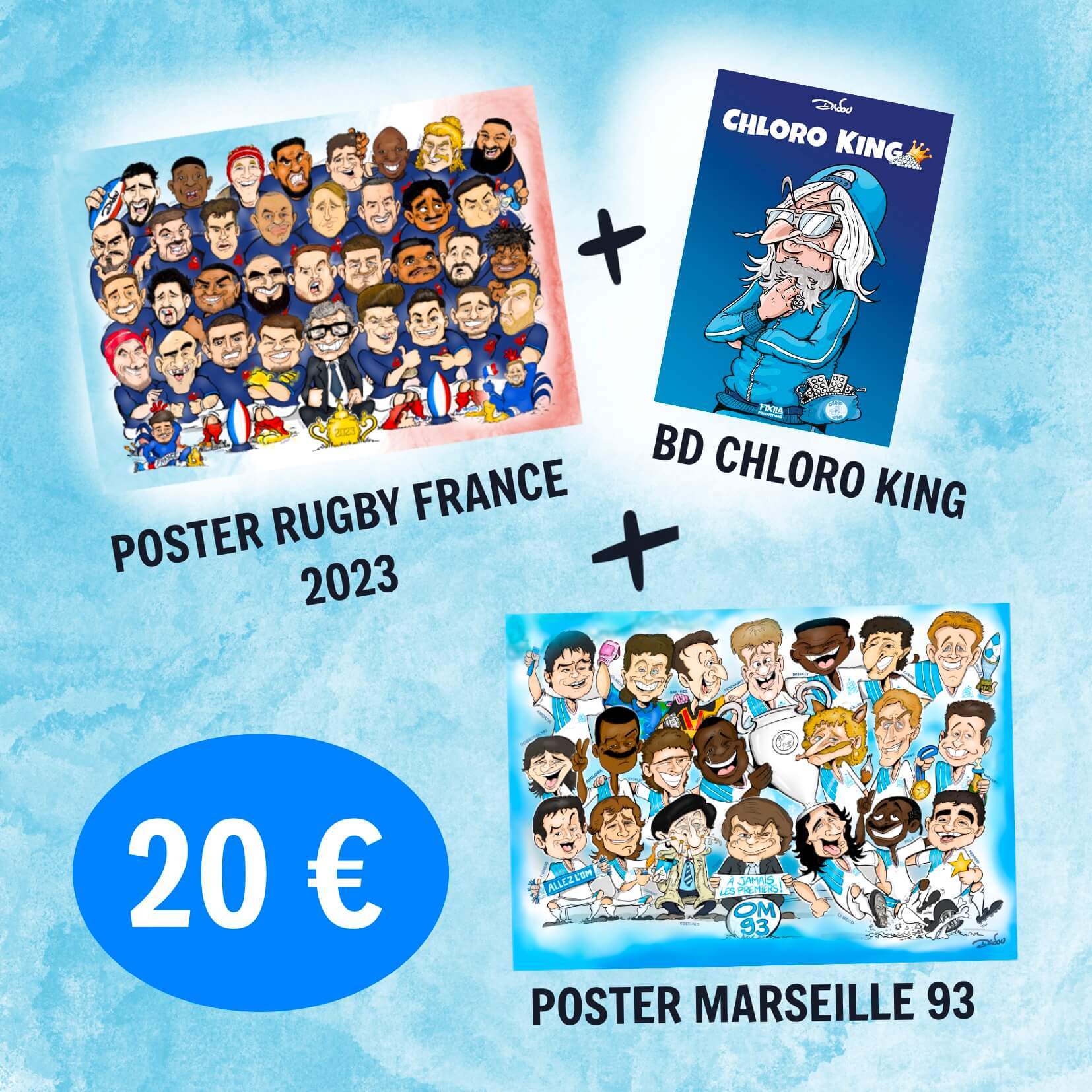 Poster OM Marseille 93 + Poster Coupe du Monde de Rugby France 2023 + Bd Chloro King